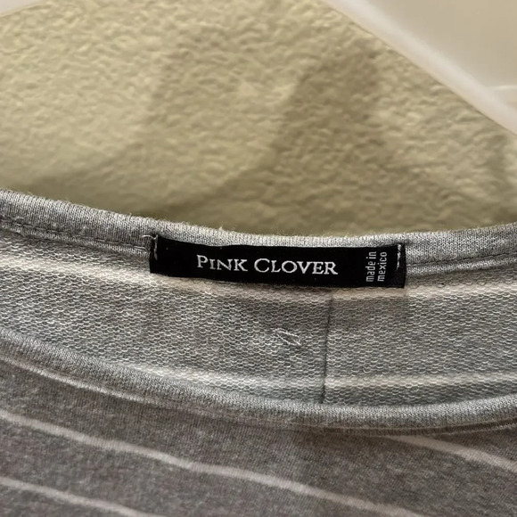 Pink Clover woman's gray and white long striped tee shirt with buttons on back - Picture 3 of 9